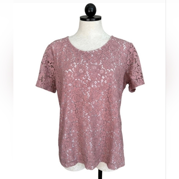Grayson Dusty Rose Lace Short Sleeve Top Front is Lined Size Medium - Picture 1 of 12